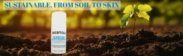 Bertoli Eye Serum: skincare product with a plant growing in the background, emphasizing sustainability.