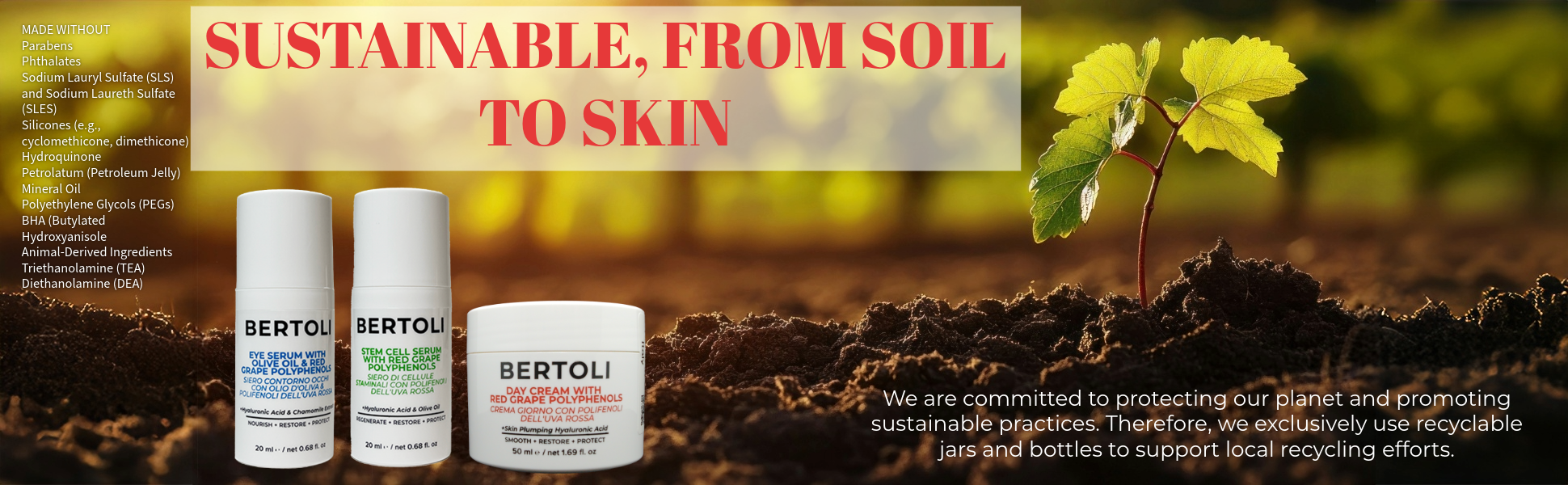 Bertoli sustainable skincare products with  soil and plant in the background.