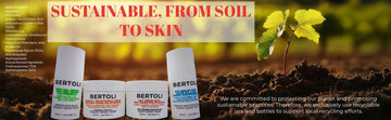 Bertoli skincare products with a plant growing in the background, emphasizing sustainability.