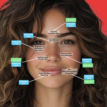 Bertoli Day Cream: Woman's face with skincare product application points labeled on a red background