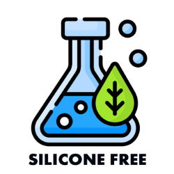 Icon of a beaker with a green leaf and bubbles, indicating silicone-free product.