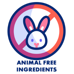 Icon with a rabbit inside a circle with a line through it, indicating 'animal free ingredients'.