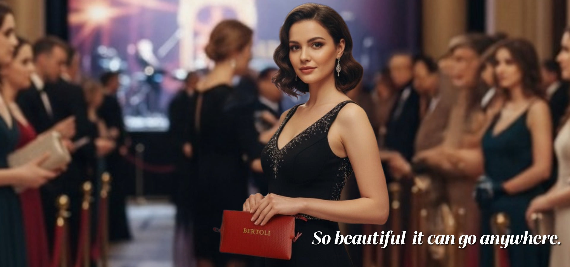 Woman in a black dress holding a red Bertoli bag at an event.slider_item_xNNzXY