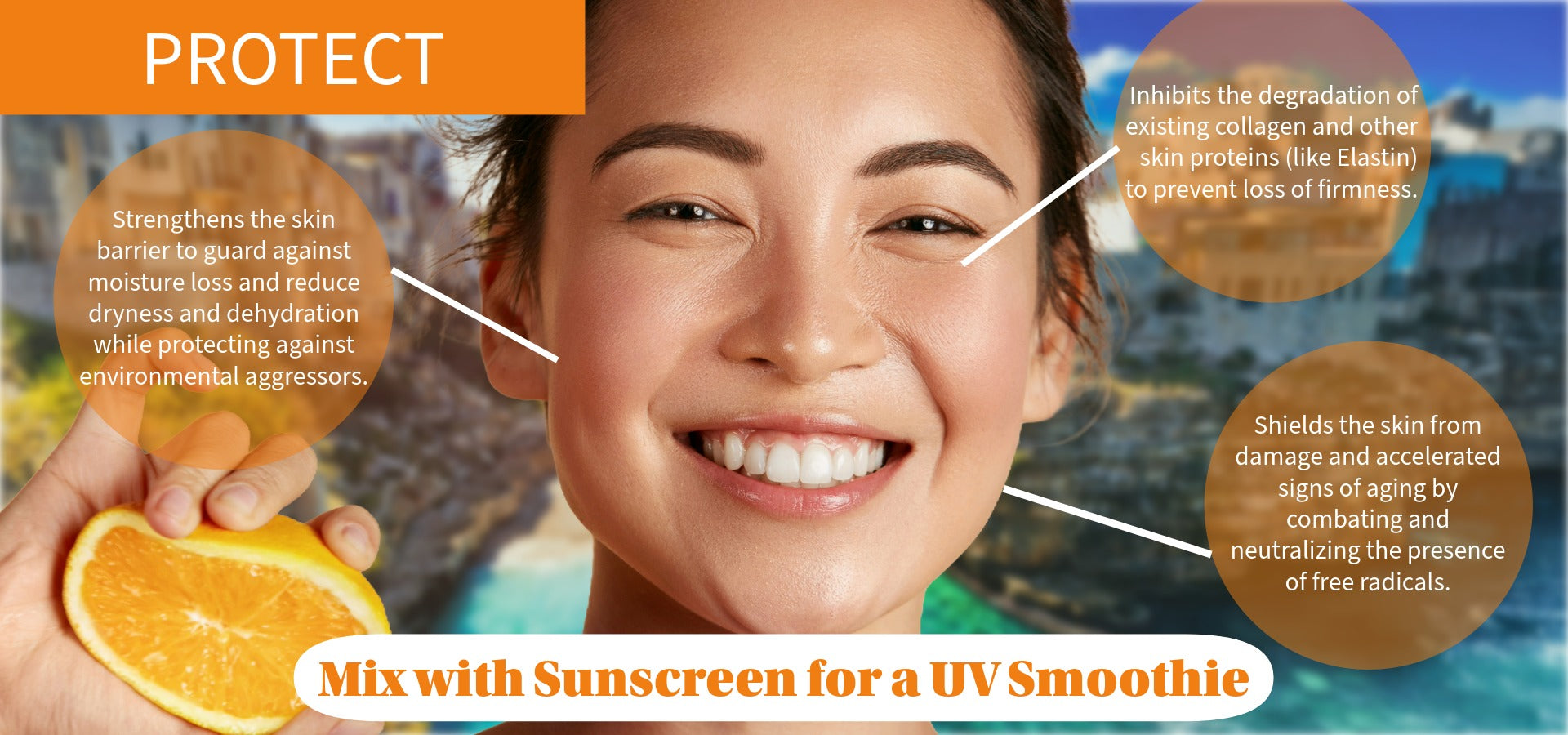 Bertoli Vitamin C Cream: Woman's face with text about skincare benefits and an orange, set against a blurred natural background.slider_item_xNNzXY