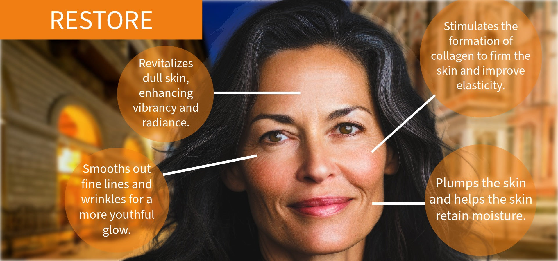 Bertoli Vitamin C Cream: Woman's face with skin care benefits highlighted, including collagen formation and moisture retention.slider_item_FnkDBN