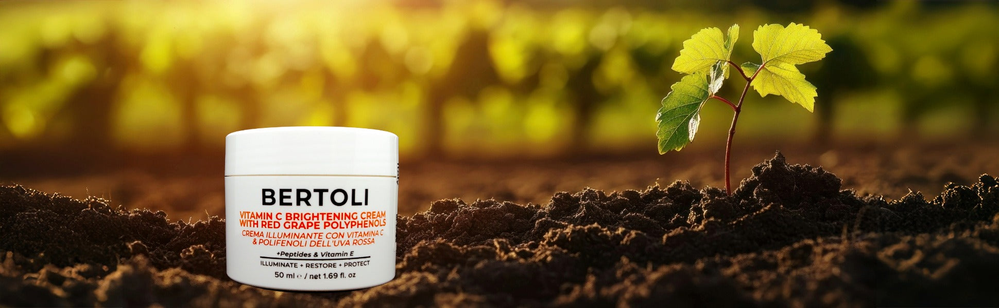 Bertoli Vitamin C Cream jar on soil with a young plant, sunlit background