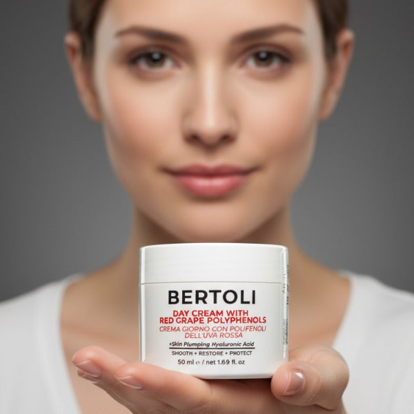 Pretty Woman holding Bertoli Day Cream with Red Grape Polyphenols